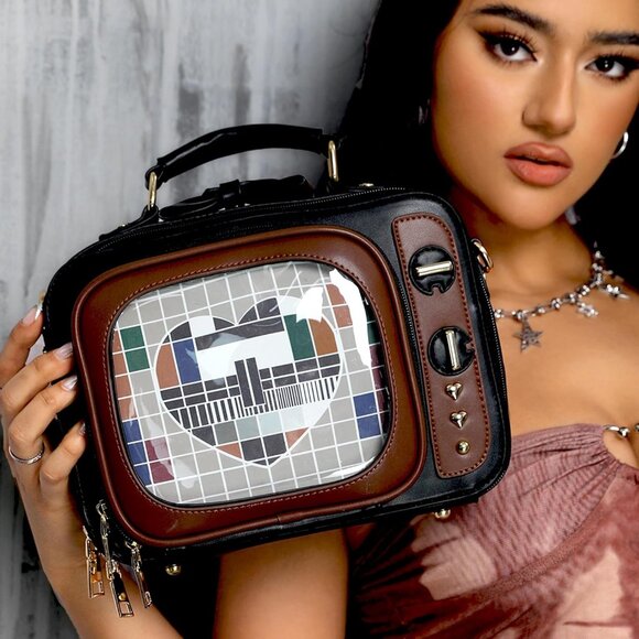 Retro TV Shaped Ita Bag Backpack Small Pin Display Bag with Inserts Black Casual main image 9